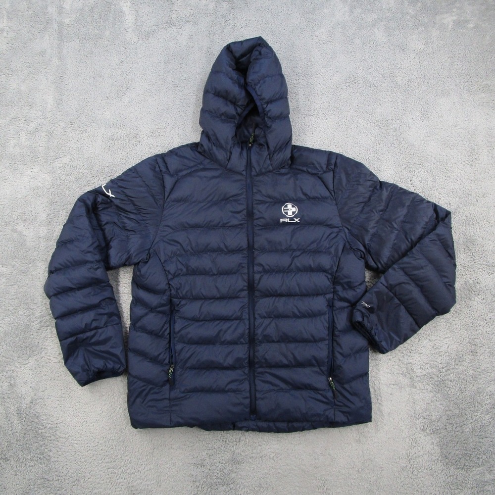 RLX Ralph Lauren Mens Navy Blue Down Puffer Jacket Hooded 730 Fill Size Large